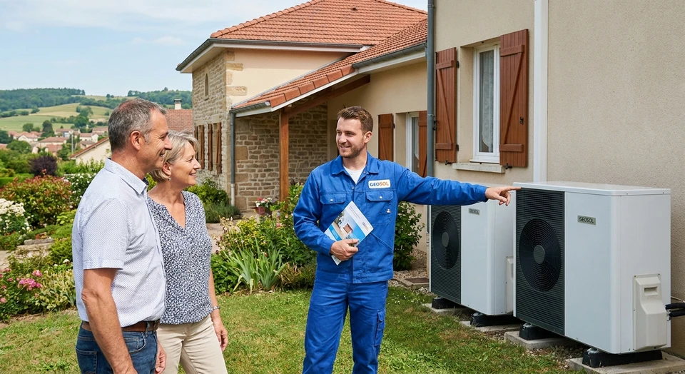 Technicien HVAC tenant un manifold de mesure de pression avec manomètres haute et basse pression, jaunes et rouges, devant une unité de climatisation extérieure résidentielle
