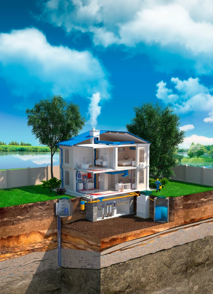 Chantier de construction extérieur avec ouvrier installant une terrasse en bois
