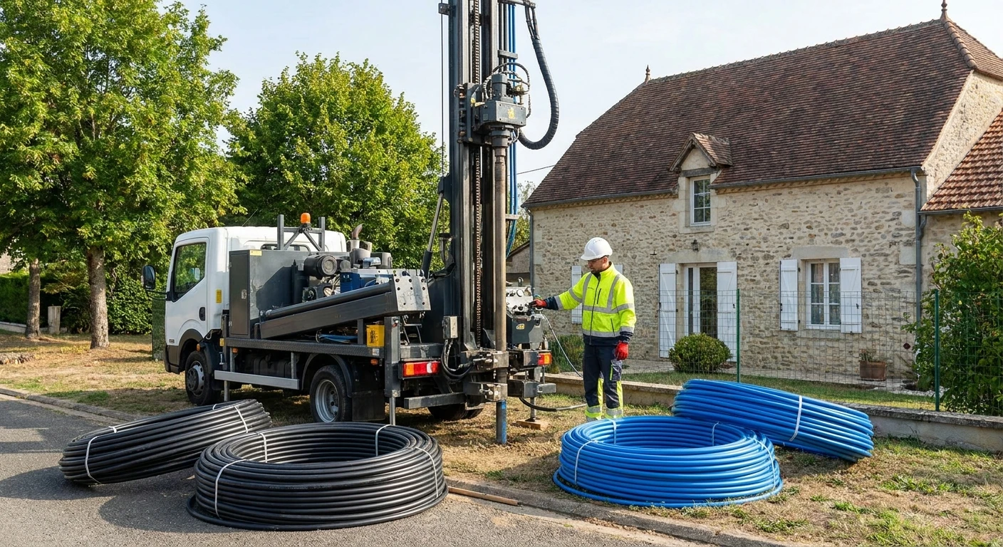 Maison moderne écologique en coupe transversale révélant l'installation complète de géothermie