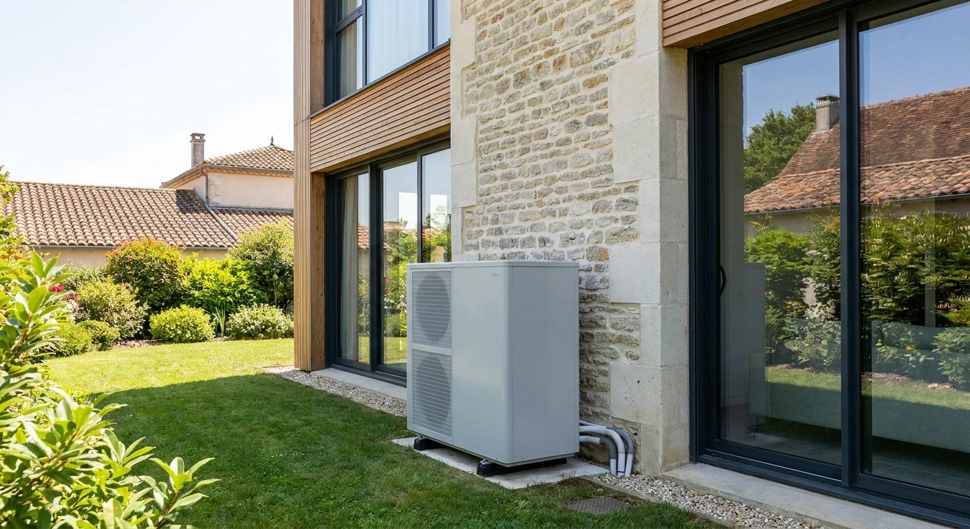 Local technique moderne avec chaudière murale blanche, ballon d'eau chaude vertical en inox, circuit de distribution avec collecteur à vannes rouges et tubes noirs isolés