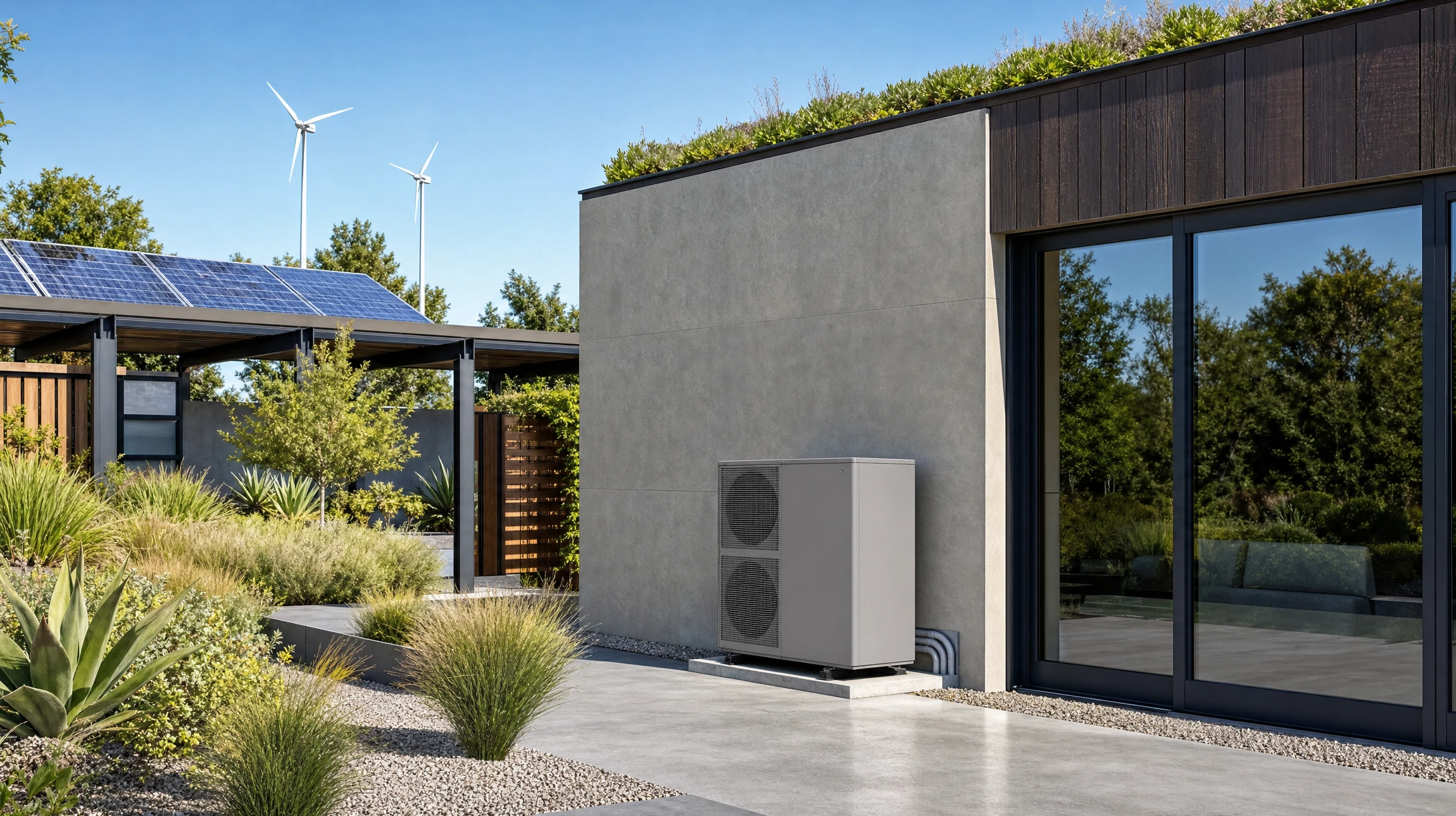 Photographie d'une pompe à chaleur géothermique ou d'une unité extérieure de pompe à chaleur aérothermique installée professionnellement sur la façade d'une maison résidentielle moderne, montrant clairement l'équipement de chauffage écologique. L'image doit souligner le caractère moderne et professionnel de l'installation, sans personne visible, en conditions d'éclairage naturel.