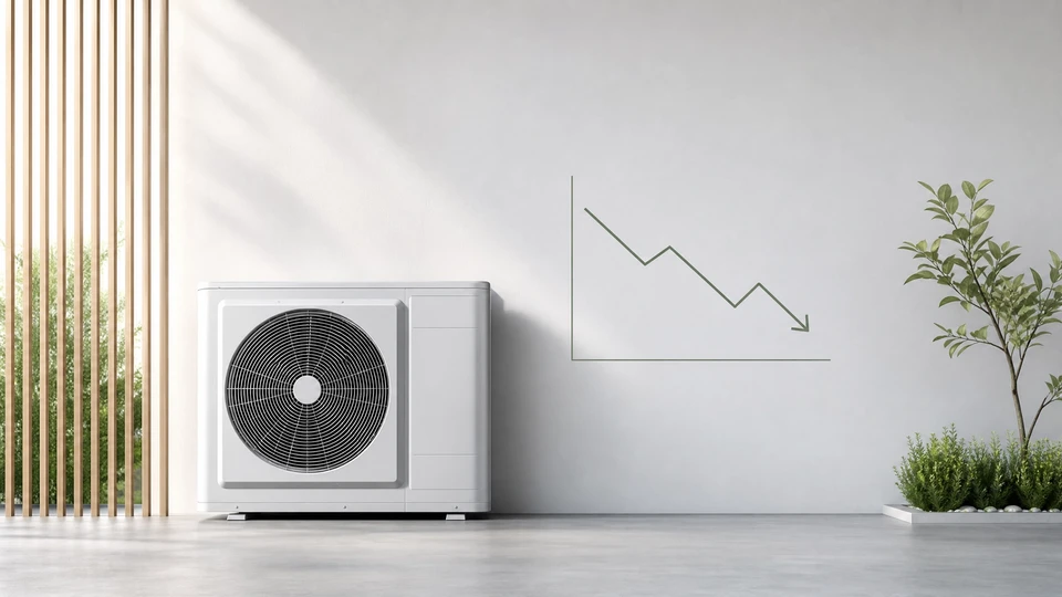 Extérieur d'un bâtiment avec unité extérieure de climatisation installée au sol sur carrelage sombre, mur gris en arrière-plan avec canalisation visible