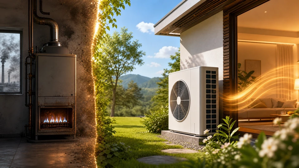 Scène extérieure résidentielle avec maison moderne à toit d'ardoise et système géothermique enterré dans jardin gazonné