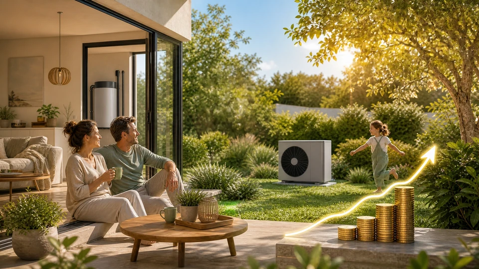 Pompe de chauffage air-air pour chauffage et eau chaude devant un nouveau bâtiment résidentiel