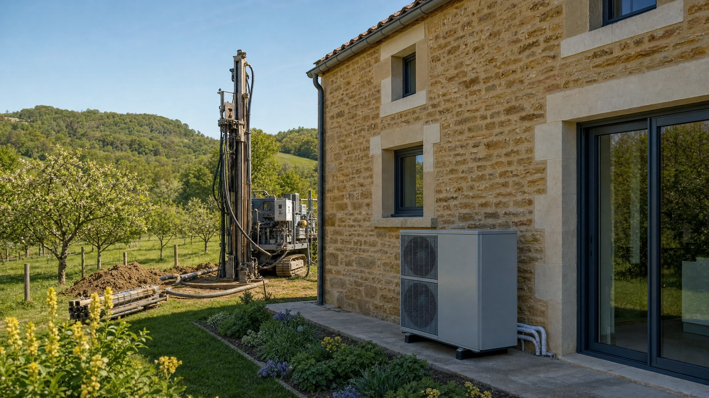 Scène extérieure résidentielle avec maison moderne à toit d'ardoise et système géothermique enterré dans jardin gazonné