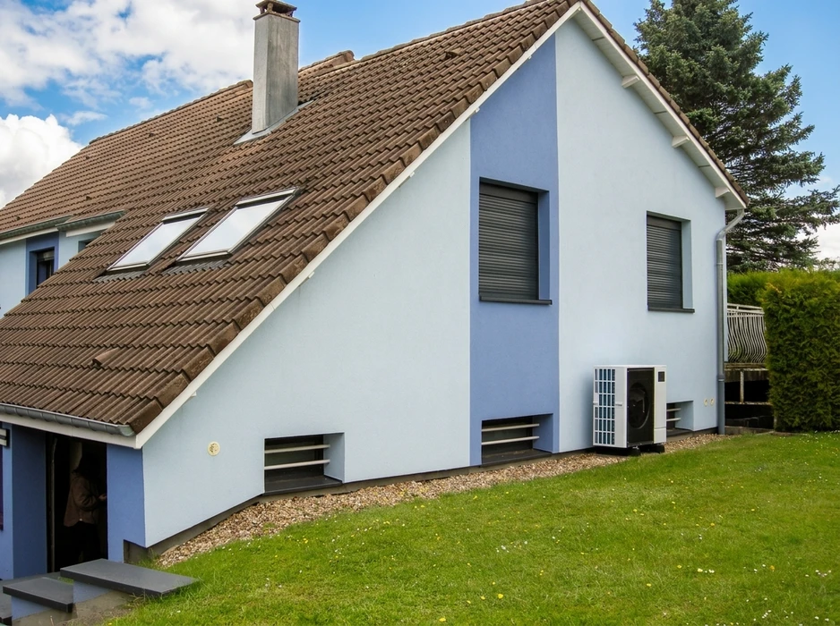 Unité extérieure de pompe à chaleur air/air installée contre un mur de façade blanc, posée sur plots anti-vibratoires en caoutchouc sur dalle béton